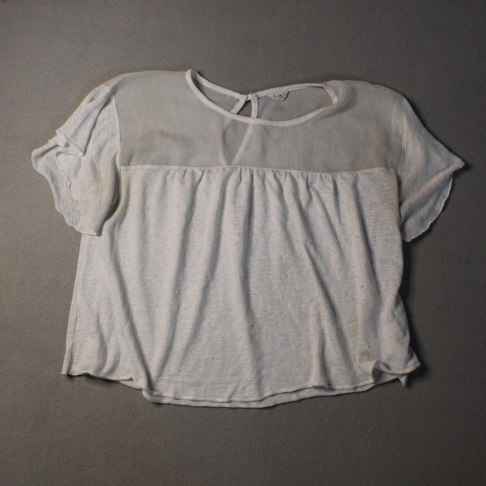 Aeropostale Women's XL White Sheer Mesh Yoke Flutter Sleeve Crop Top Blouse